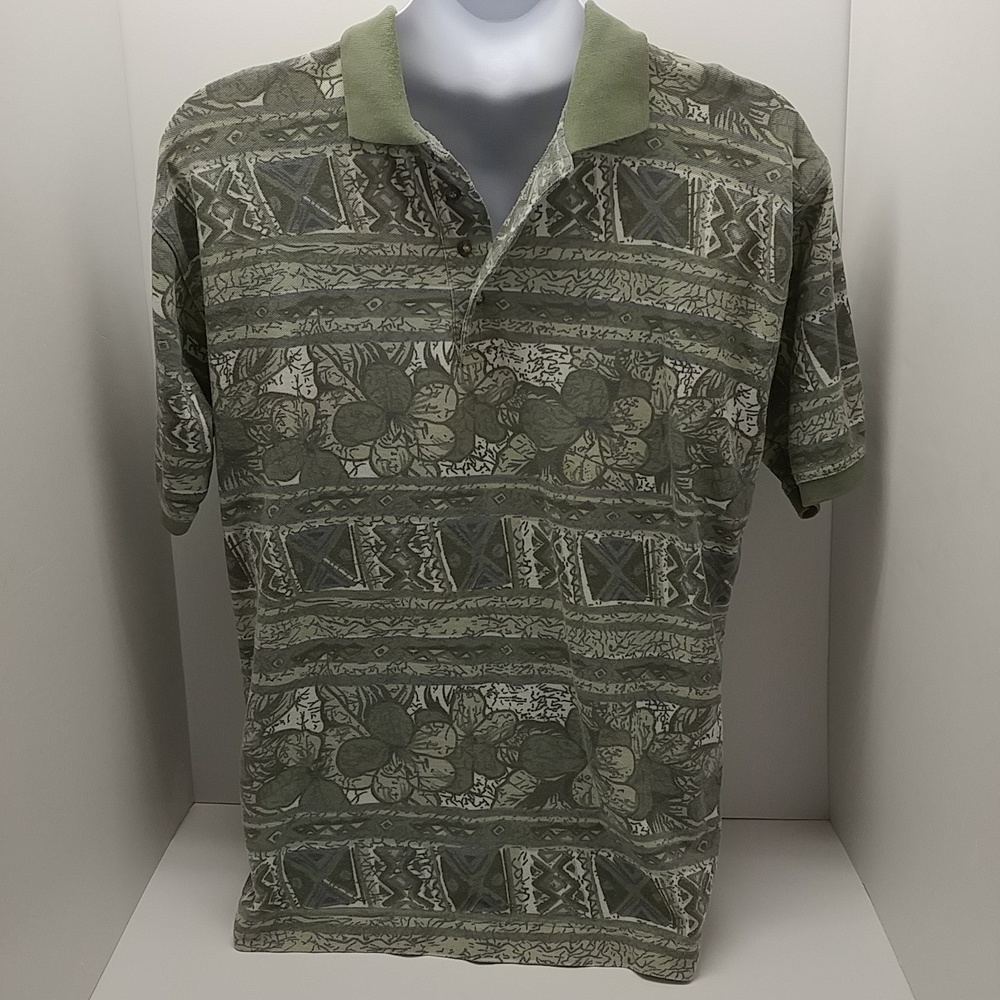 Bugle Boy Co. men's vintage short sleeve polo shirt large greens/cream floral